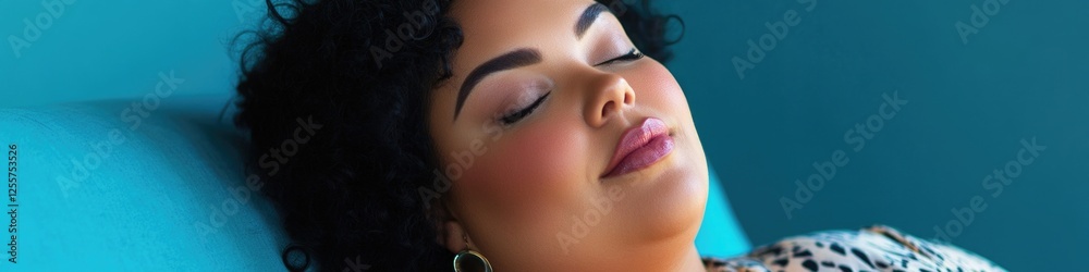 Fototapeta premium A woman is lying down on a couch with her eyes closed, relaxed and at ease