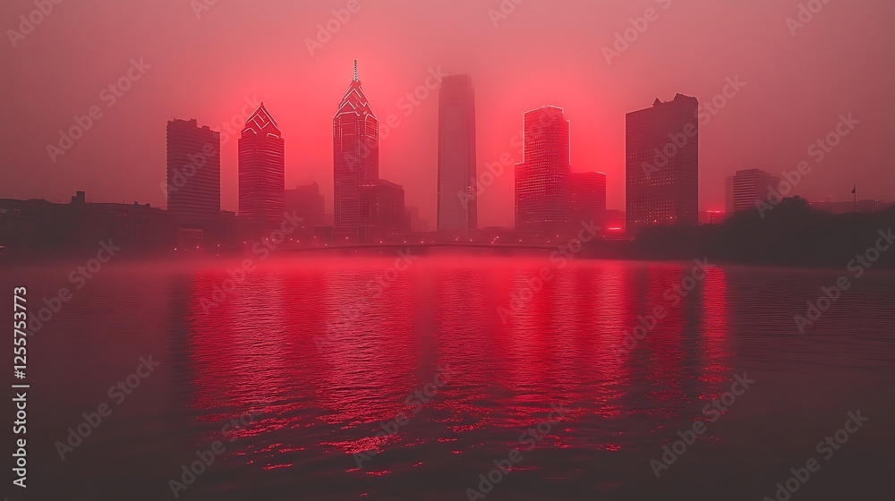 Obraz premium Red Cityscape Skyline Reflecting In Water At Dusk