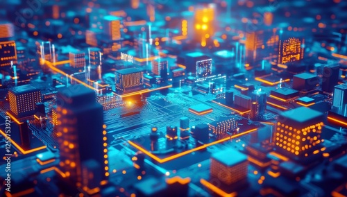 Futuristic Cityscape with Neon Lights and Technology Elements in an Abstract 3D Visualization of Urban Landscape