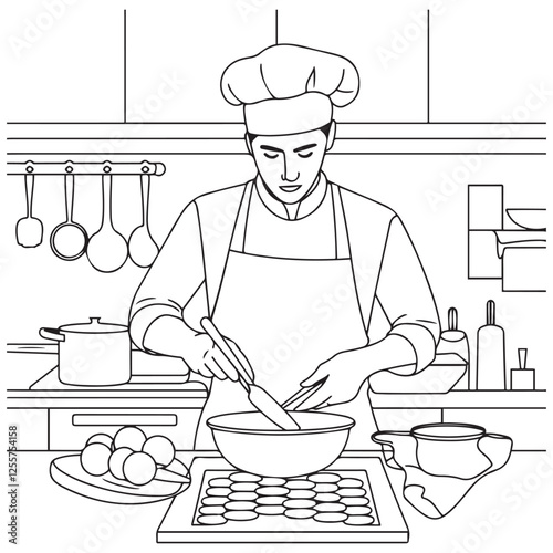 Chef Cooking in a Kitchen Outline Coloring Page. Labor Day Hand Drawn Clip art
