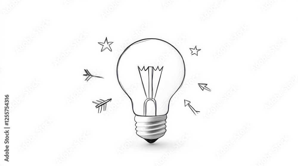 simple hand drawn light bulb with gentle curves, surrounded by stars and arrows, symbolizes creativity and inspiration. This illustration evokes sense of innovation and bright ideas simple hand drawn light bulb with gentle curves, surrounded by stars and arrows, symbolizes creativity and inspiration. This illustration evokes sense of innovation and bright ideas