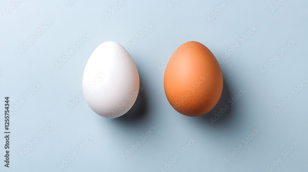 White and Brown Eggs: Two eggs, one white and one brown, sit side-by-side on a light blue background, creating a simple, yet striking contrast. White and Brown Eggs: Two eggs, one white and one brown, sit side-by-side on a light blue background, creating a simple, yet striking contrast.