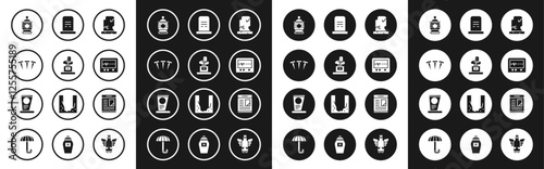 Set Old grave with tombstone, Grave, Metallic nails, Funeral urn, Beat dead in monitor, Obituaries and icon. Vector