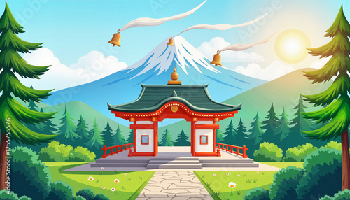 Silver bells chiming in mountain temple under bright sunlight, tranquility
