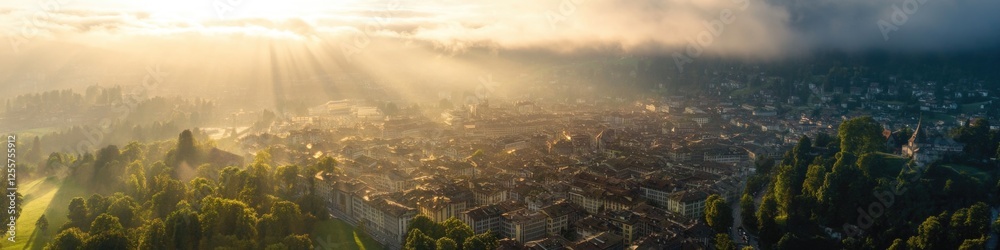 Fototapeta premium Cloudy sky above a city, with sunlight peeking through