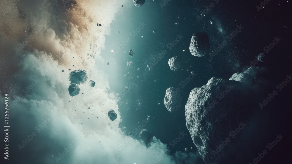 Asteroid Field Surrounded by Ethereal Clouds in Dark Cosmic Space Asteroid Field Surrounded by Ethereal Clouds in Dark Cosmic Space
