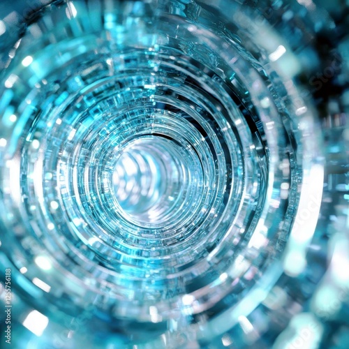 Abstract tunnel created with translucent blue and silver circular shapes forming a mesmerizing depth perspective in a dynamic digital art composition
