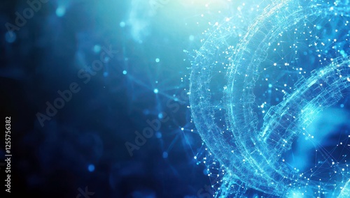 Abstract technology background featuring illuminated particles, abstract spheres, glowing lines, and depth of field effects in a futuristic setting