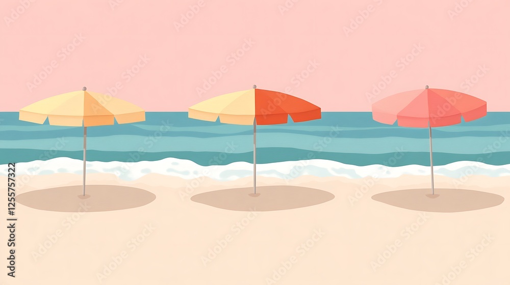Fototapeta premium Three Beach Umbrellas on Sandy Shore Near Ocean Waves
