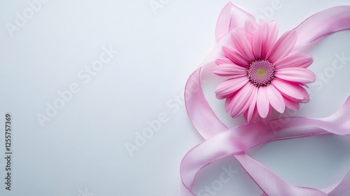 Pink Gerbera Daisy with Ribbon on White Background