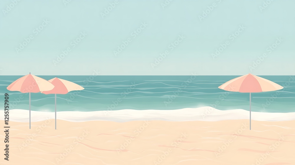 Peaceful Beach Scene With Pink Umbrellas Peaceful Beach Scene With Pink Umbrellas