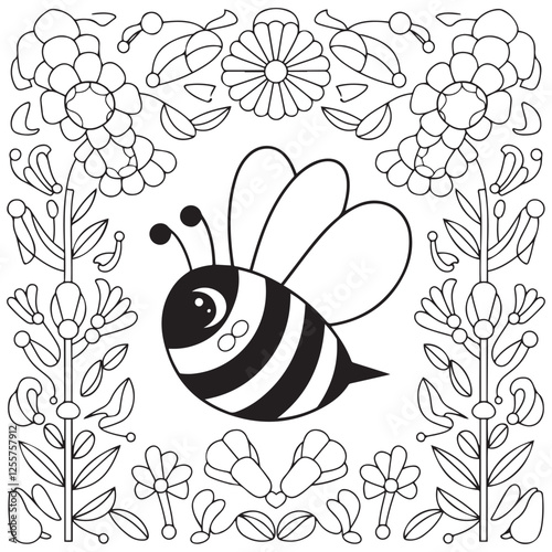 Cute kawaii cartoon character bee in the flower garden coloring page, vector printable worksheets for preschool.