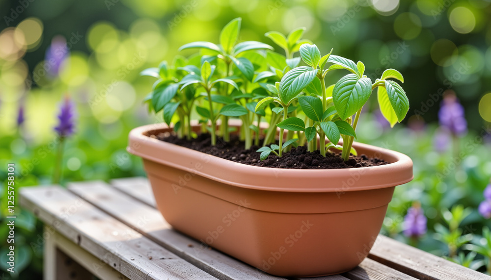 Newly planted herbs in ceramic pot on wooden bench, spring gardening Newly planted herbs in ceramic pot on wooden bench, spring gardening