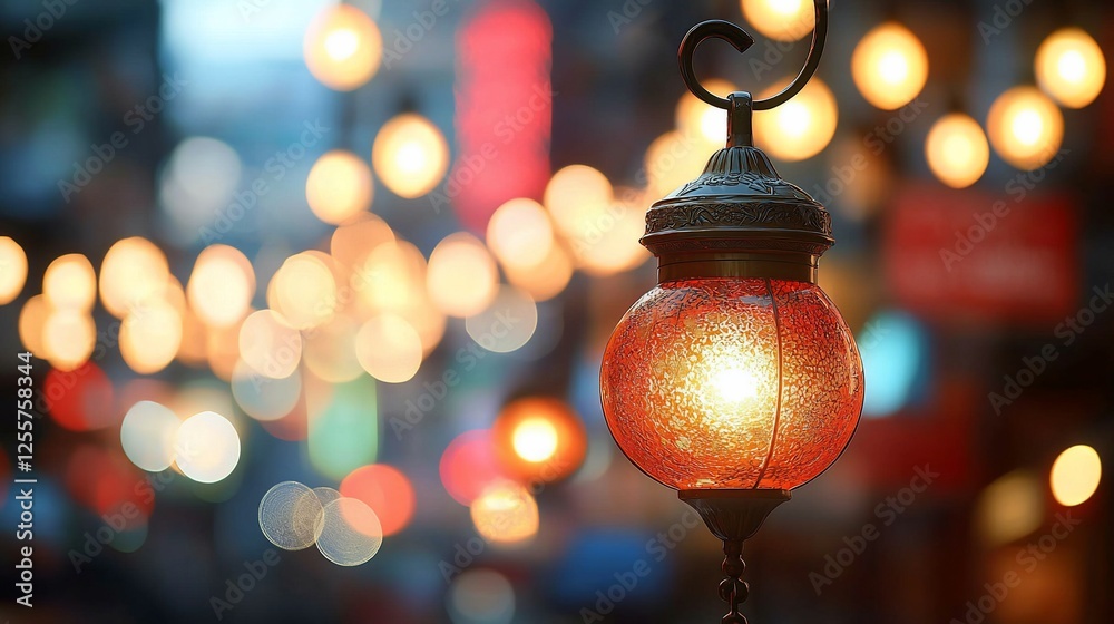 Illuminated lantern, city street, night, bokeh, atmospheric ambiance Illuminated lantern, city street, night, bokeh, atmospheric ambiance