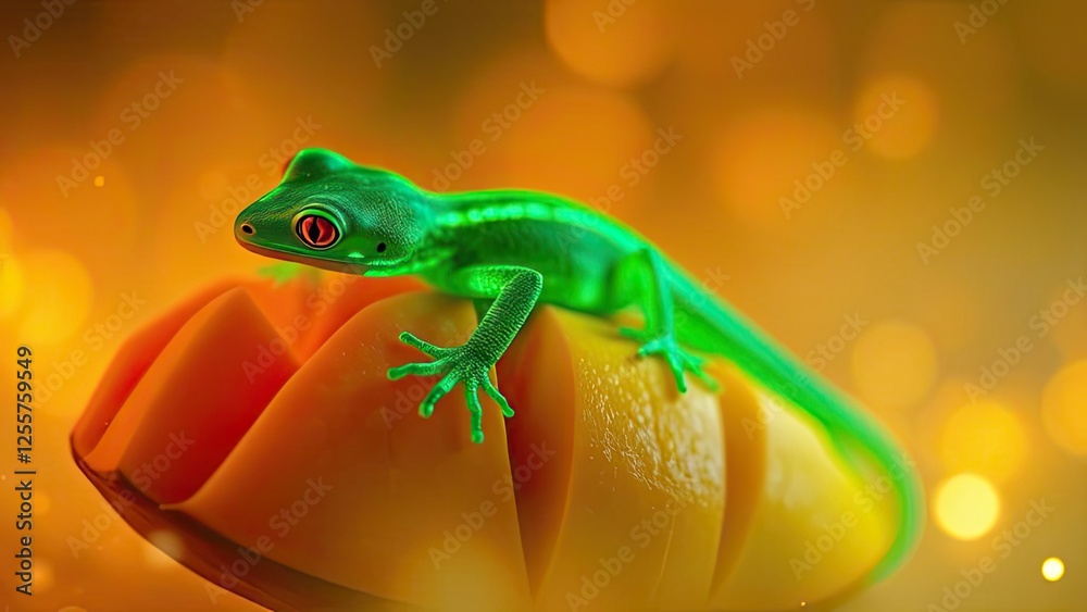 Fototapeta premium Vibrant Green Gecko on Ripe Mango Tropical Nature Closeup