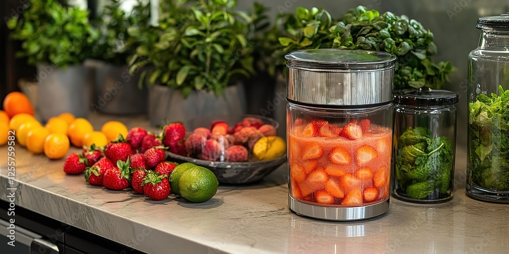 Fresh fruits and herbs displayed on a kitchen counter with a fruit mixer Fresh fruits and herbs displayed on a kitchen counter with a fruit mixer