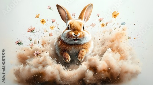 Energetic watercolor painting of a curious rabbit hopping amidst a lush field of blooming wildflowers delicate petals dancing around the sprightly creature loose and expressive brushwork