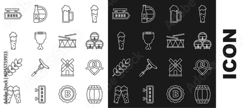 Set line Wooden barrel, Pretzel, on rack with stopcock, Glass of beer, Chicken leg, Street signboard inscription Beer and Musical instrument drum and drum sticks icon. Vector