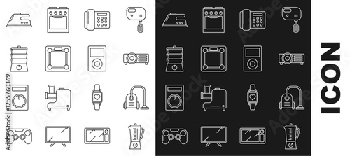 Set line Blender, Vacuum cleaner, Telephone, Bathroom scales, Double boiler, Electric iron and Music player icon. Vector