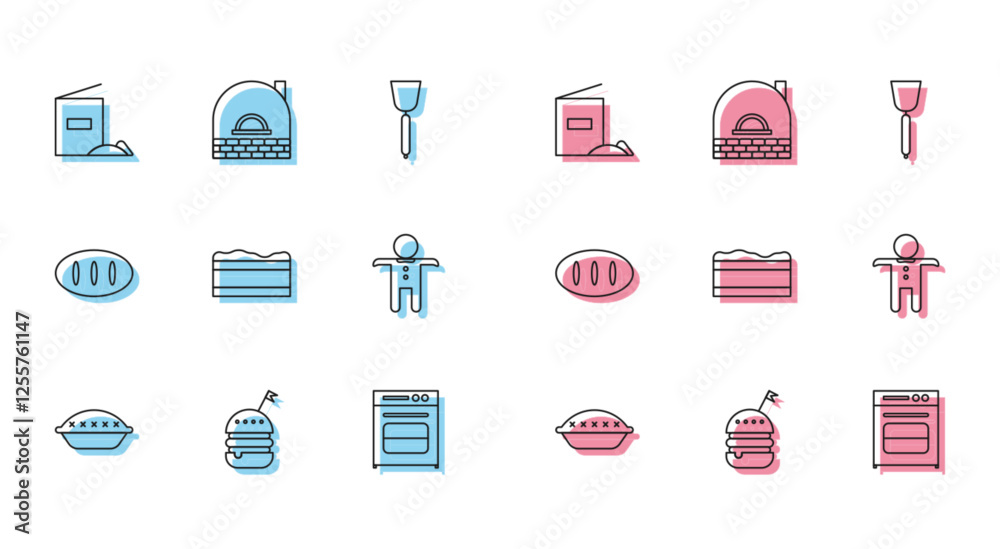 Set line Homemade pie, Burger, Flour pack, Oven, Brownie chocolate cake, Holiday gingerbread man cookie, Bread loaf and Brick stove icon. Vector Set line Homemade pie, Burger, Flour pack, Oven, Brownie chocolate cake, Holiday gingerbread man cookie, Bread loaf and Brick stove icon. Vector