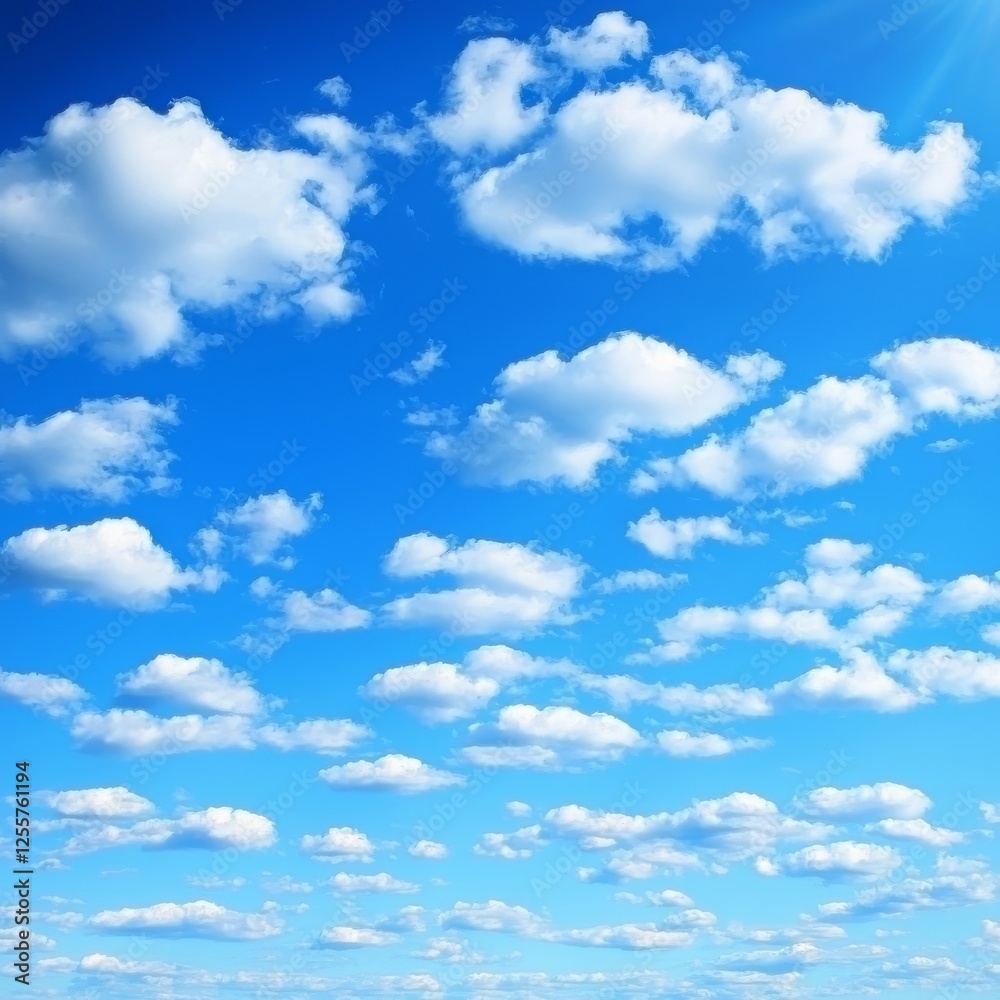 Bright blue sky dotted with fluffy, white cumulus clouds, bathed in sunlight from the upper right corner -ai Bright blue sky dotted with fluffy, white cumulus clouds, bathed in sunlight from the upper right corner -ai