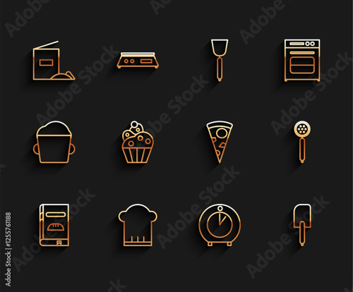 Set line Cookbook, Chef hat, Flour pack, Kitchen timer, Spatula, Cupcake, Strainer spoon and Slice of pizza icon. Vector