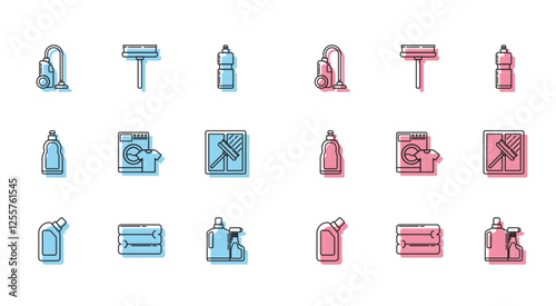 Set line Plastic bottles for liquid dishwashing liquid, Towel stack, Vacuum cleaner, Washer and t-shirt, Squeegee, scraper, wiper, and icon. Vector