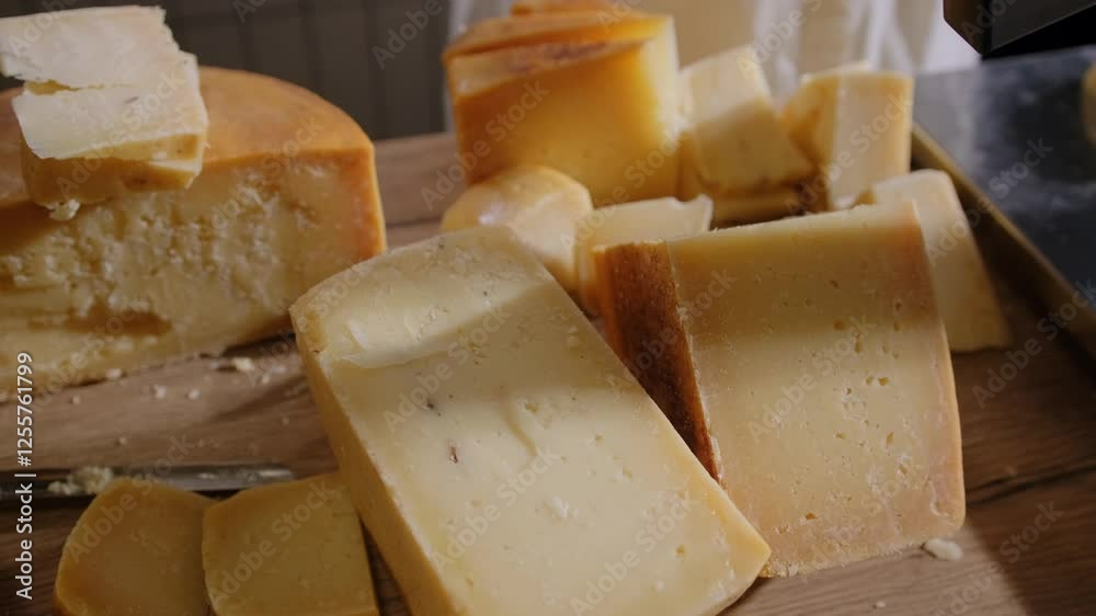 Large pieces of hard cheeses in close-up. Delicious cut of aged cheese in the sun. Cheese texture, tasting of the most delicious types of cheese, natural product.