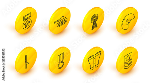Set line Chevron, Binoculars, Military reward medal, Police rubber baton, helmet, Radar, tank and icon. Vector