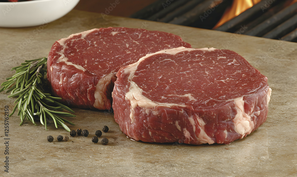Two juicy raw ribeye steaks ready for grilling, seasoned with peppercorns and fresh rosemary. Perfect for a gourmet meal. Two juicy raw ribeye steaks ready for grilling, seasoned with peppercorns and fresh rosemary. Perfect for a gourmet meal.