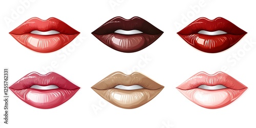 Diverse Lipsticks Shades: A collection of six meticulously rendered lips, each showcasing a different shade of lipstick, from deep reds to soft nudes, celebrating diversity in beauty.