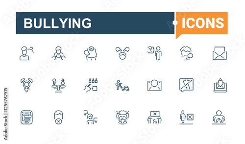Bullying icons set in linear style. Contains related to harassment, on, disgust, man, abuse and more. Simple line vector. Vector icons editable stroke.