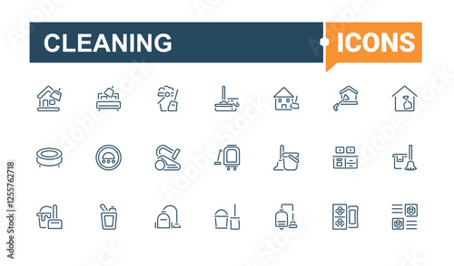 Cleaning minimal icon set. Featuring sanitary, cleaning, laundry, vacuum, mop, house, housework and more. Sign and Symbol. Vector outline icons collection.