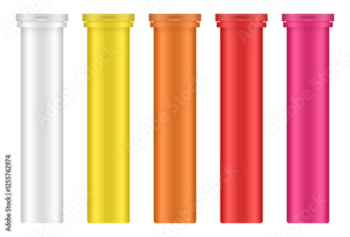 Set of effervescent tablet tubes. Large medical pill bottles. White, yellow, orange, red and pink jars. Plastic medicine container. 3d mockup of a pharmaceutical packaging