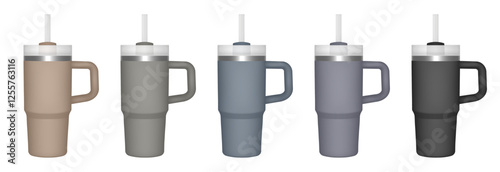 Thermo cup with handle and straw. 14 oz. 3d mockup of a travel thermos. Set of brown, beige, black and gray blue mugs. Tumbler template. White lid. Shades of nude, pastel colors