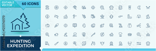 Hunting Expedition icons. Includes thin line man, dog, binoculars, sport, point, hunt, forest, survival. Simple icon designs. Vector icons editable stroke.