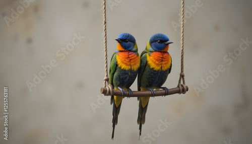 Rainbow lorikeets on miniature swing photo