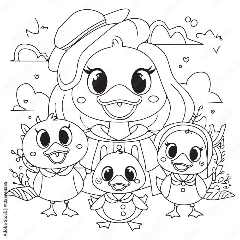 Obraz premium Cute kawaii duck family cartoon character coloring page vector illustration, Mothers day colouring page for kids