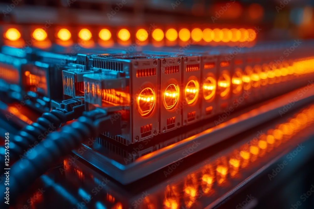 Glowing industrial machinery with bright orange lights Glowing industrial machinery with bright orange lights