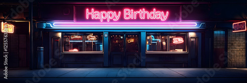Neon Sign Happy Birthday Night Cityscape Shopfront Building Exterior