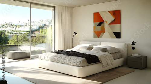 Modern Minimalist Bedroom Interior Design with Panoramic View and Abstract Art
