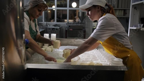 The cheese factory workers quickly fill a large number of plastic cheese molds with curd mass, squeezing out the whey. The process of making camembert, women prepare craft cheese.