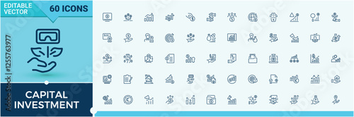 Capital Investment icon set. Contains such icons as liquid, money, risk, deposit, analysis, stock, strategy and more. Outline symbol collection. Editable stroke. Vector illustration.