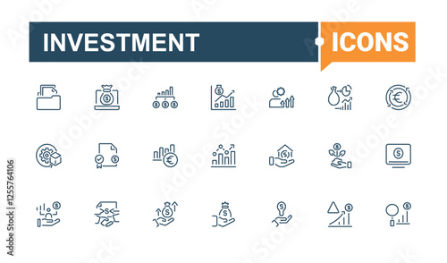 Investment collection. Icons strategy, finance, account, business, eco, exchange, liquid and more. Minimal linear icons. Editable stroke.