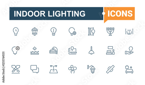 Indoor Lighting icons. Includes thin line illumination, ecology, electricity, art, energy, ceiling, graphic, innovation. Thin outline icons pack. Editable stroke. Vector illustration.