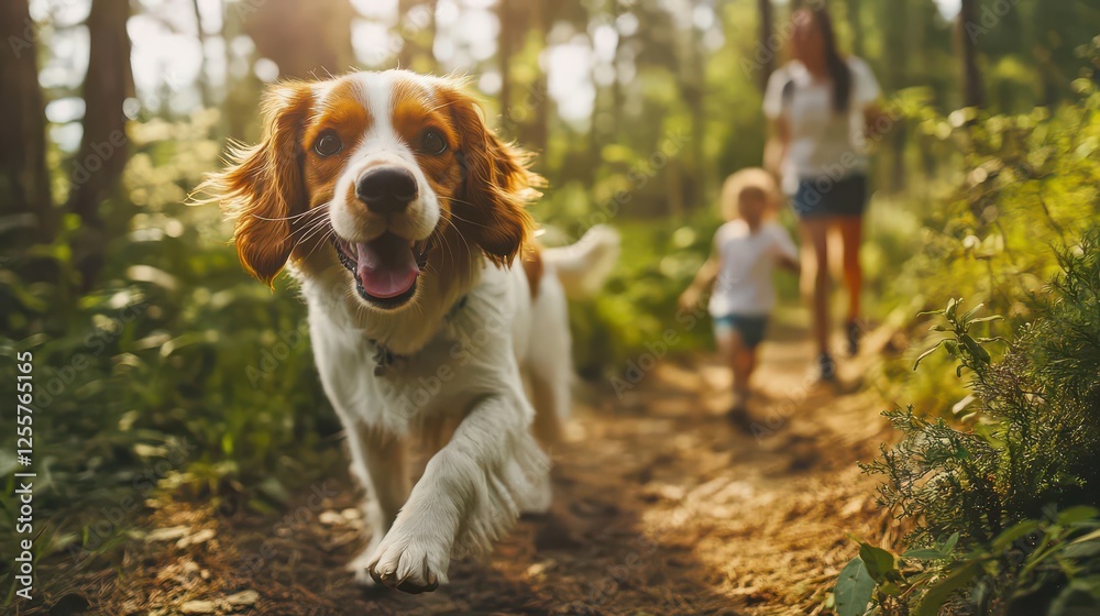 Happy Dog Running Through Forest with Child Happy Dog Running Through Forest with Child