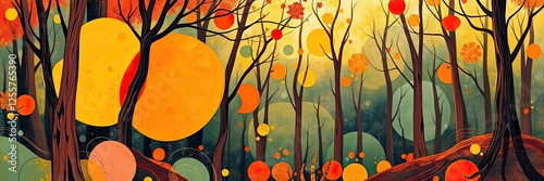 Abstract Autumn Forest Orange Yellow and Green Circles in Woods