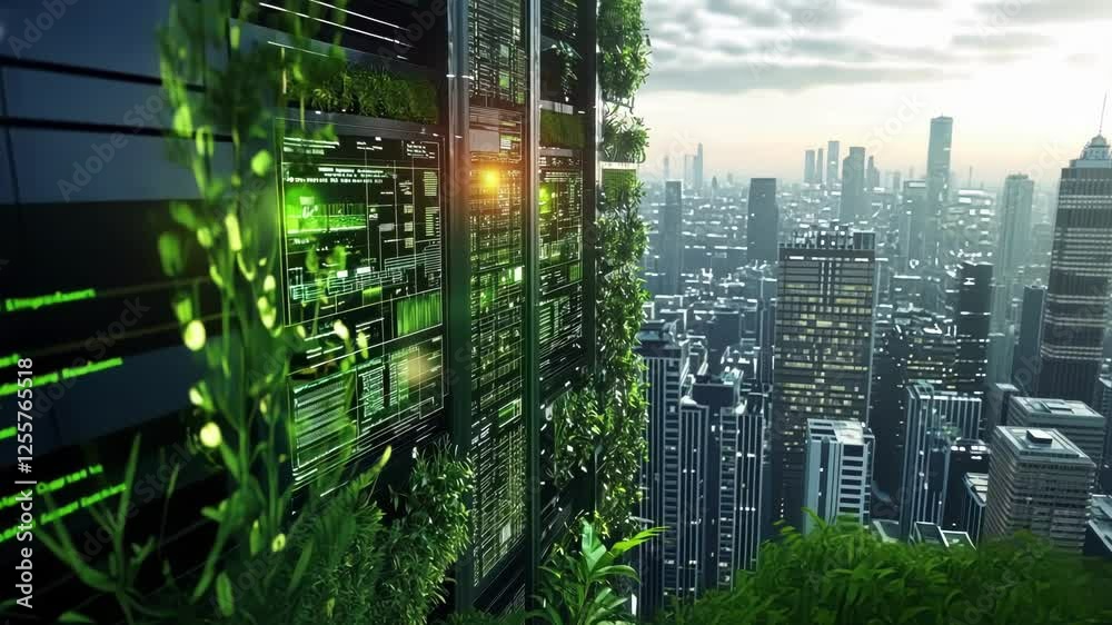 Futuristic green computing center with holographic digital screens displaying environmental data analysis and monitoring systems, promoting sustainable practices in a smart city environment