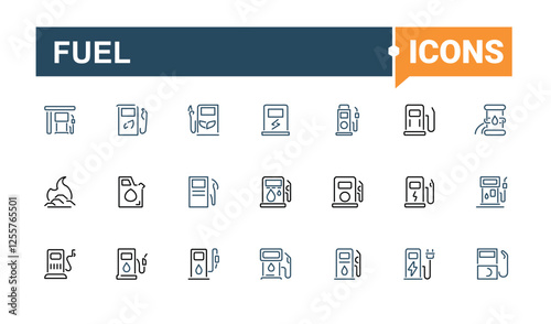 Fuel lined icons set. Icons tank, auto, eco, price, environment, energy, transport and more. Collection for mobile and web apps. Vector icons editable stroke.