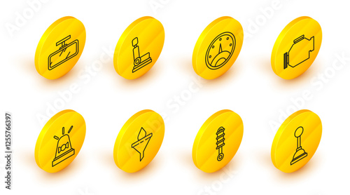 Set line Gear shifter, Shock absorber, Funnel filter and motor oil drop, Flasher siren, Check engine, Speedometer, Car seat and mirror icon. Vector